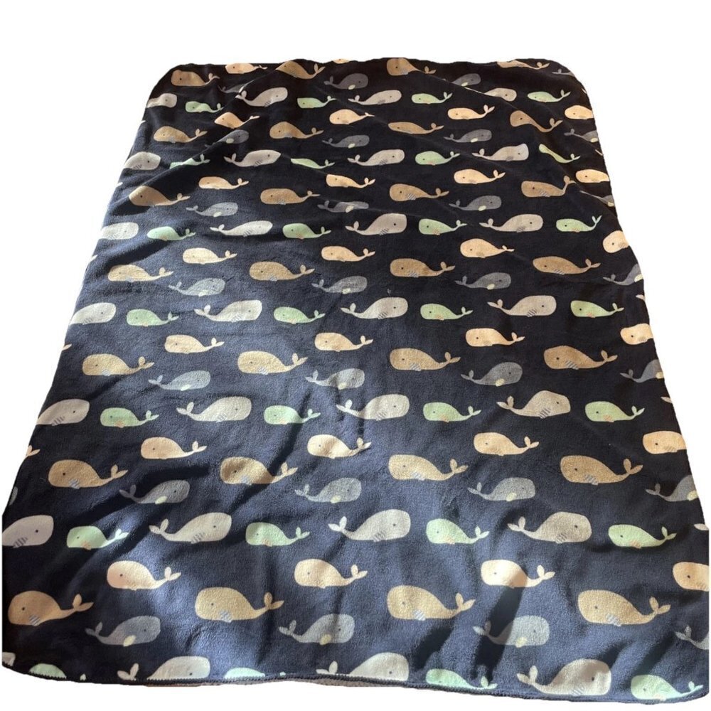 Just Born Whale Blue Sherpa Velour Blanket Baby Kids Navy Lovey Little